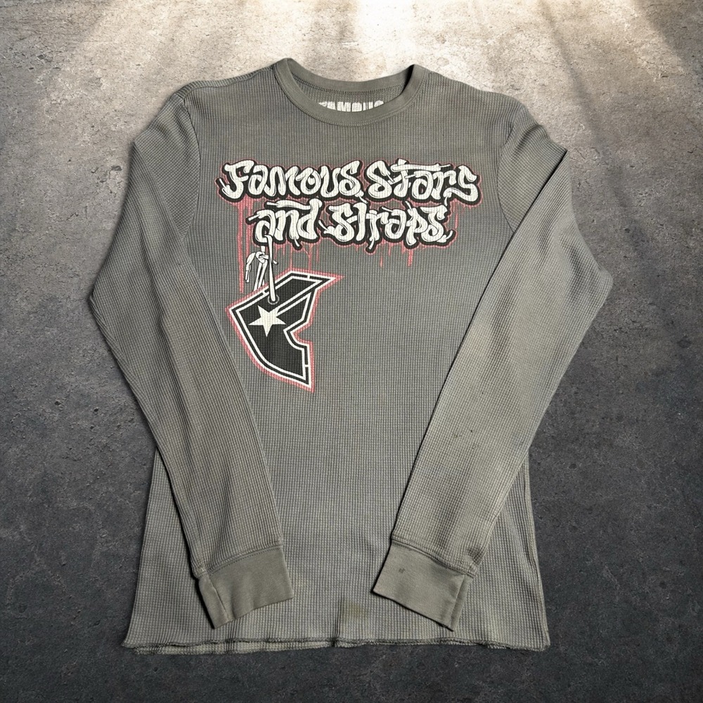Famous Stars and Straps Thermal Shirt Grey Skater Y2K Vintage Size Medium